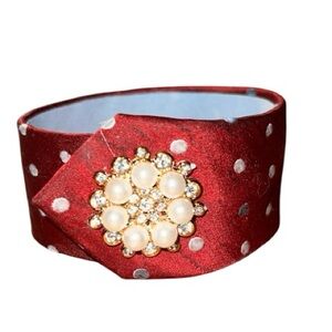 Elegant Red Polka Dot necktie Bracelet with Pearl Accent & magnetic closure